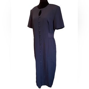 Miss Dorby Vintage Navy Blue White Polka Dot Classy Formal Button Up Midi Dress